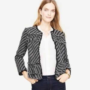 Ann Taylor Y2K Ruffle Tweed Striped Peplum Jacket Black White Blazer Punk Funky